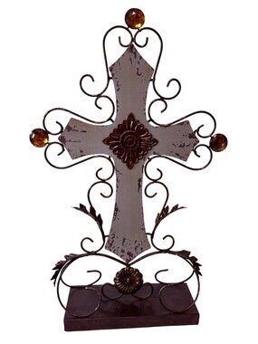 Ornate Metal Standing Altar Cross with Amber Gems – Farmhouse Decor, shabby chic